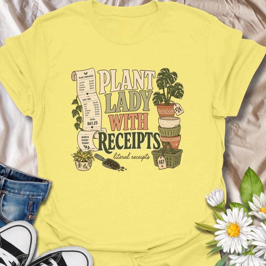 A funny plant shopping T-shirt for anyone with a long paper trail from the local nursery. The design features oversized receipts, decorative pots, plant baskets, potting soil, and an impressive new houseplant purchase. A perfect gift for plant ladies, nursery shoppers, and collectors who know every plant is worth the price.