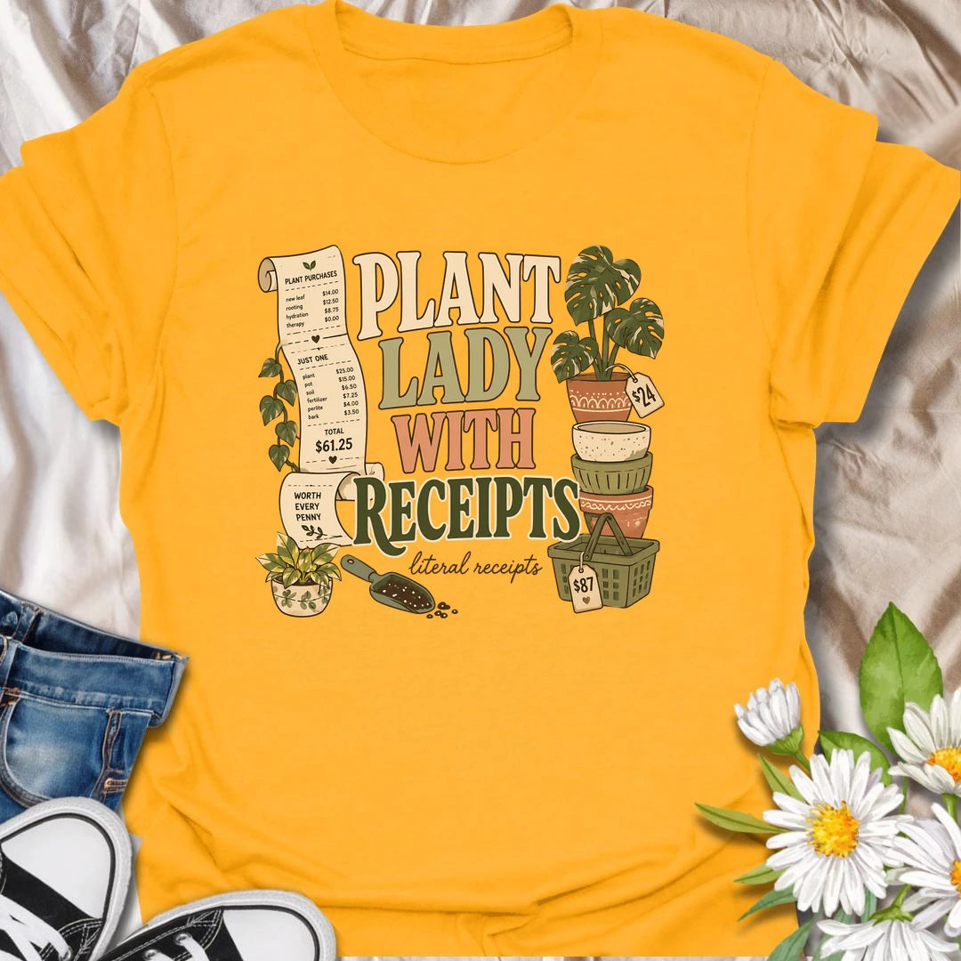 A funny plant shopping T-shirt for anyone with a long paper trail from the local nursery. The design features oversized receipts, decorative pots, plant baskets, potting soil, and an impressive new houseplant purchase. A perfect gift for plant ladies, nursery shoppers, and collectors who know every plant is worth the price.