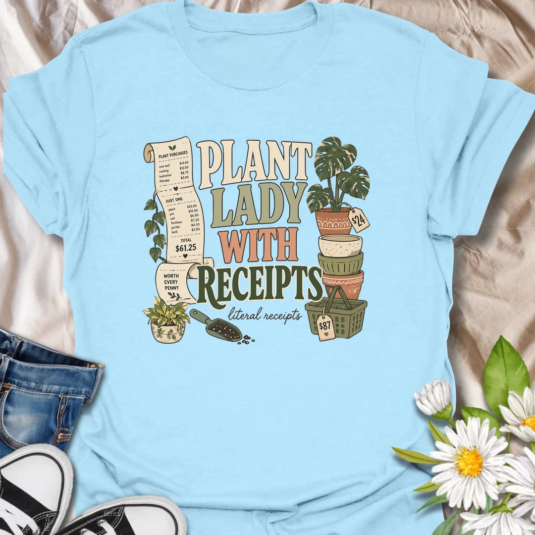 A funny plant shopping T-shirt for anyone with a long paper trail from the local nursery. The design features oversized receipts, decorative pots, plant baskets, potting soil, and an impressive new houseplant purchase. A perfect gift for plant ladies, nursery shoppers, and collectors who know every plant is worth the price.