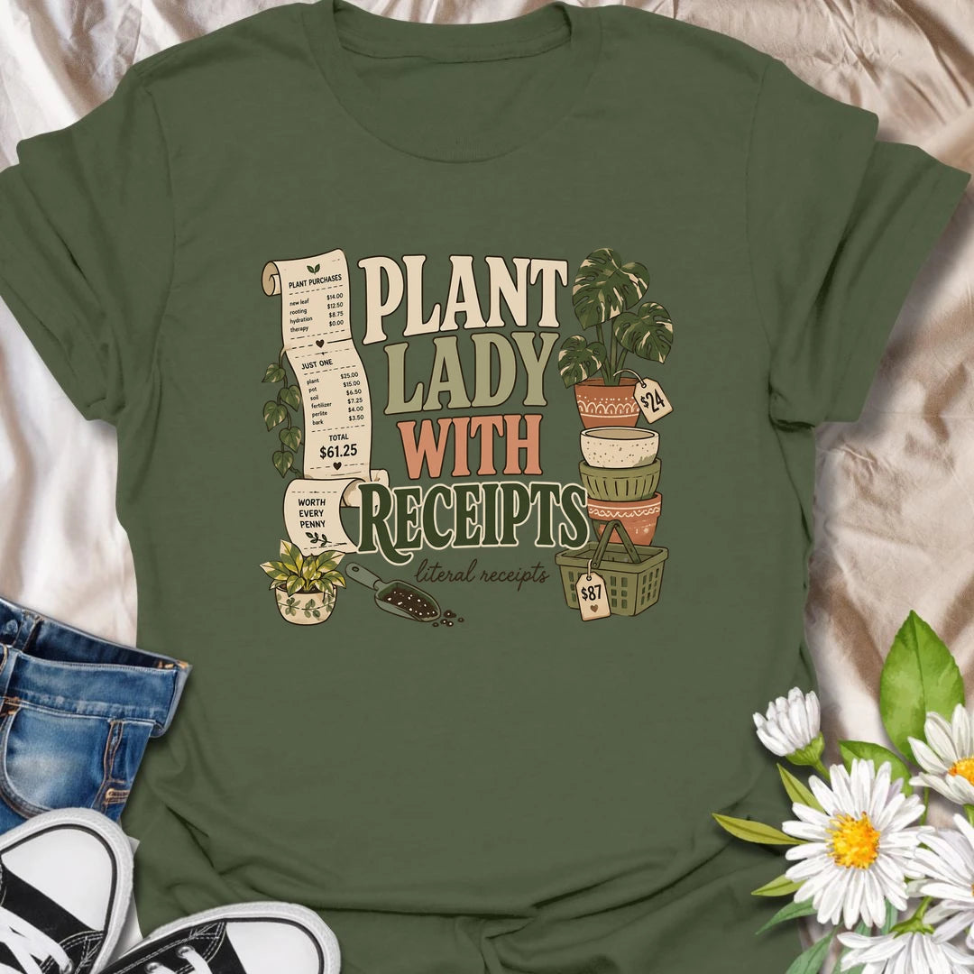 A funny plant shopping T-shirt for anyone with a long paper trail from the local nursery. The design features oversized receipts, decorative pots, plant baskets, potting soil, and an impressive new houseplant purchase. A perfect gift for plant ladies, nursery shoppers, and collectors who know every plant is worth the price.