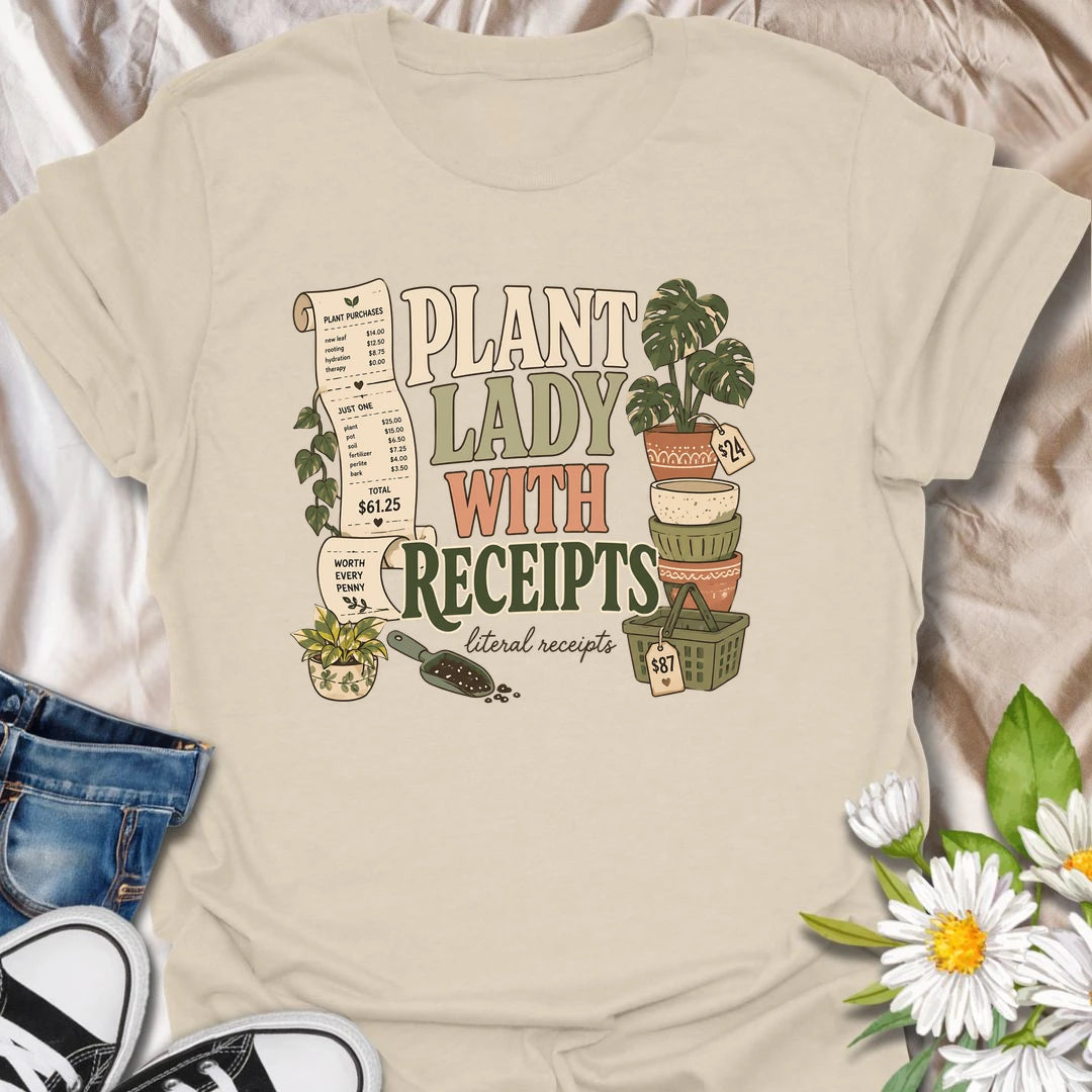A funny plant shopping T-shirt for anyone with a long paper trail from the local nursery. The design features oversized receipts, decorative pots, plant baskets, potting soil, and an impressive new houseplant purchase. A perfect gift for plant ladies, nursery shoppers, and collectors who know every plant is worth the price.