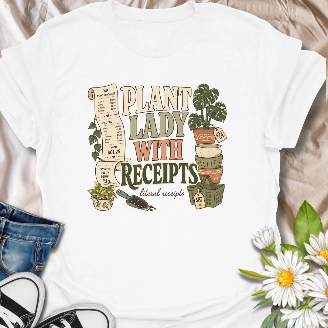 A funny plant shopping T-shirt for anyone with a long paper trail from the local nursery. The design features oversized receipts, decorative pots, plant baskets, potting soil, and an impressive new houseplant purchase. A perfect gift for plant ladies, nursery shoppers, and collectors who know every plant is worth the price.