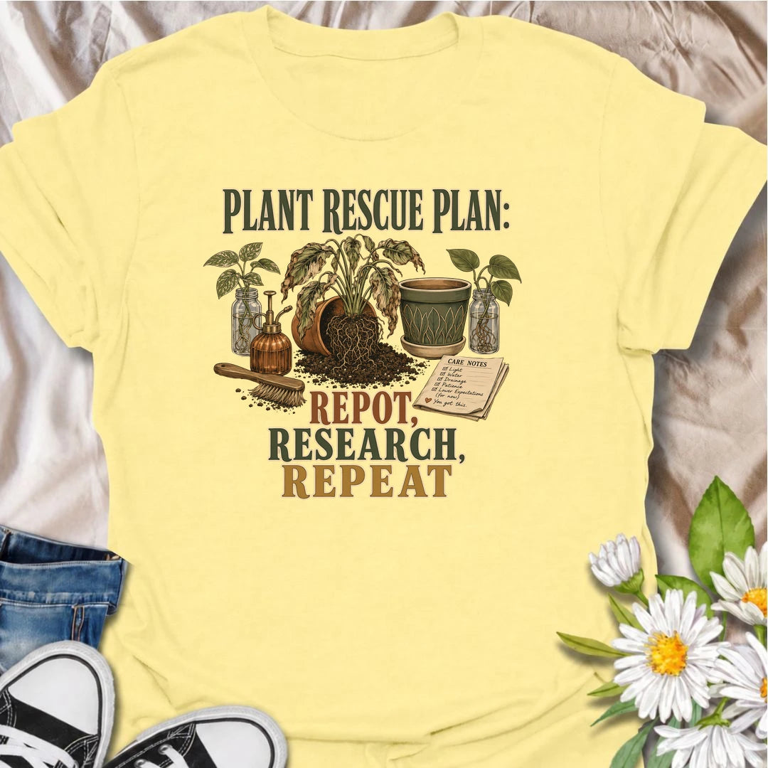 A funny plant rescue T-shirt for dedicated plant parents who repot, research, and repeat. Perfect for houseplant lovers who never give up on a struggling plant.