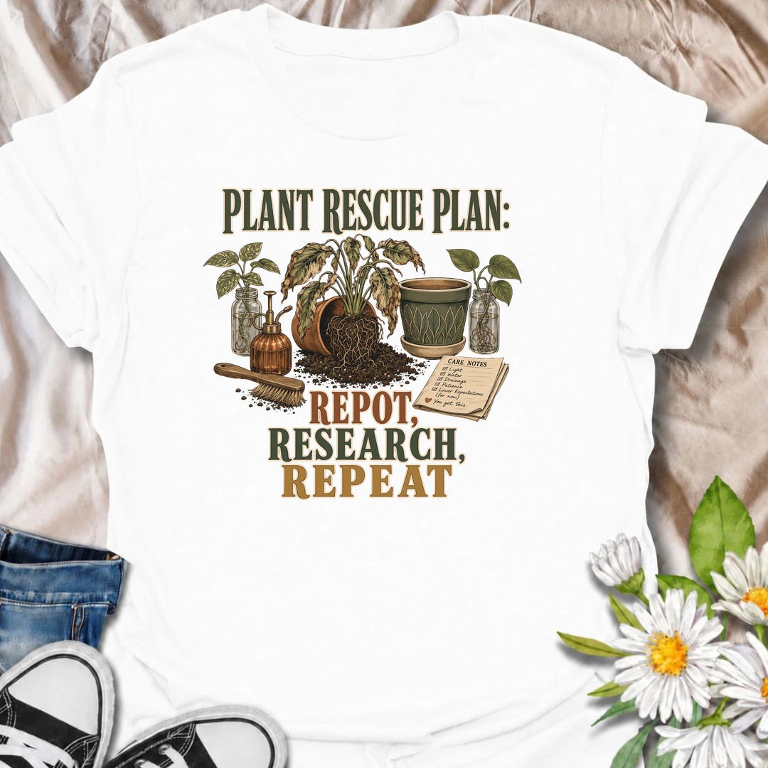 WA funny plant rescue T-shirt for dedicated plant parents who repot, research, and repeat. Perfect for houseplant lovers who never give up on a struggling plant.