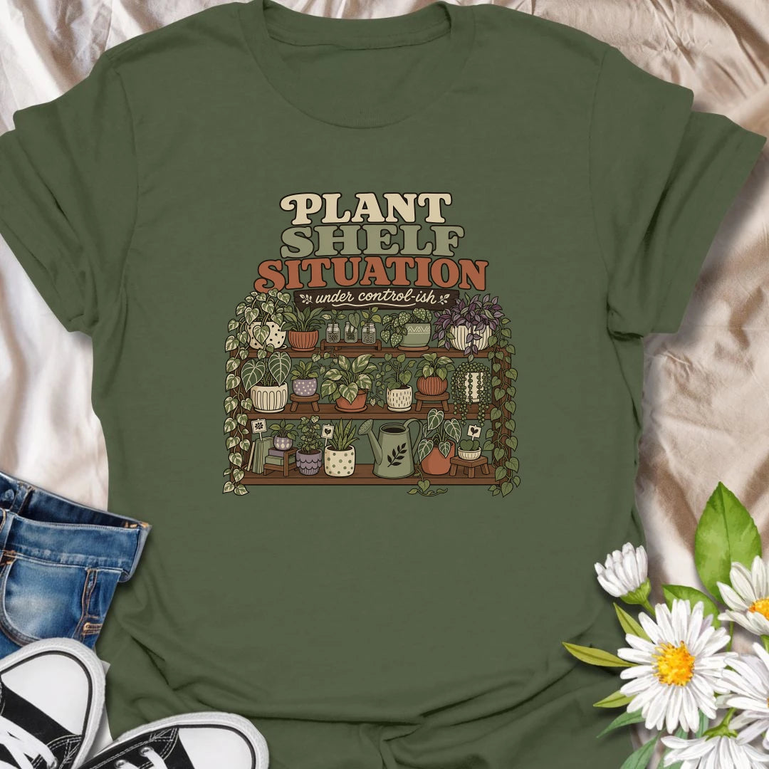 Celebrate a gloriously crowded indoor jungle with this funny “Plant Shelf Situation” T-shirt. Featuring shelves packed with trailing houseplants, decorative pots, propagation jars, and a watering can, it perfectly captures a collection that is only “under control-ish.” A fun gift for plant moms, houseplant collectors, and anyone who always finds room for one more plant.
