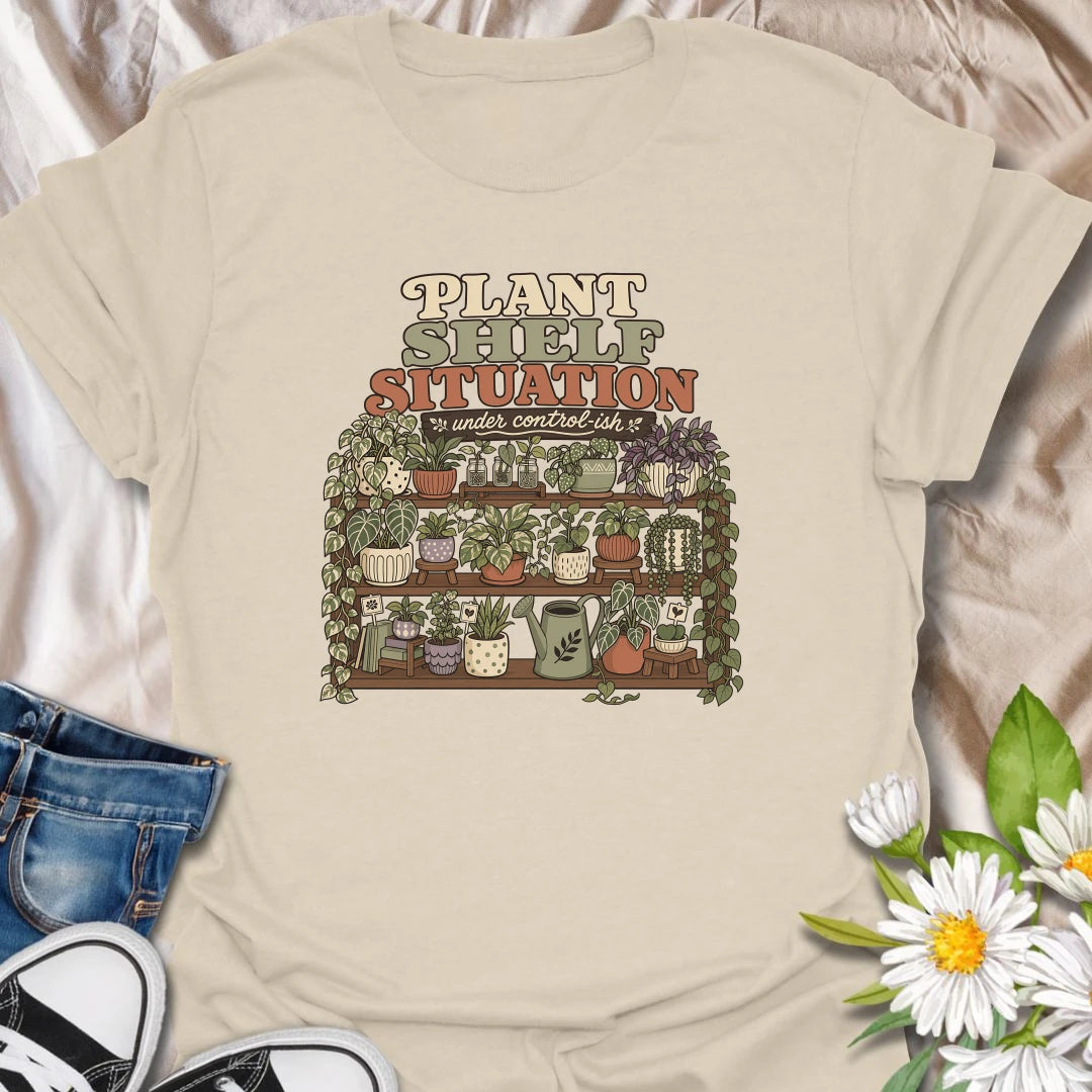 Celebrate a gloriously crowded indoor jungle with this funny “Plant Shelf Situation” T-shirt. Featuring shelves packed with trailing houseplants, decorative pots, propagation jars, and a watering can, it perfectly captures a collection that is only “under control-ish.” A fun gift for plant moms, houseplant collectors, and anyone who always finds room for one more plant.