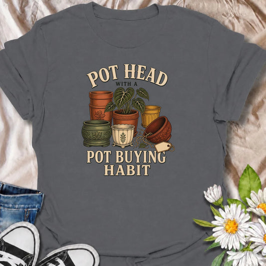 Funny plant lover T-shirt for gardeners and houseplant collectors with a serious pot-buying habit. Featuring a colorful collection of vintage-style planters, this playful design is made for anyone who enjoys buying decorative pots almost as much as filling them with plants