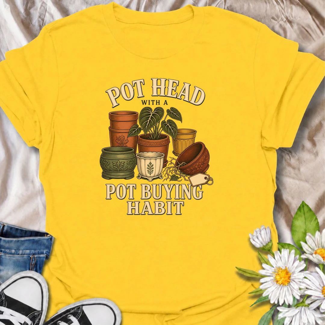 Funny plant lover T-shirt for gardeners and houseplant collectors with a serious pot-buying habit. Featuring a colorful collection of vintage-style planters, this playful design is made for anyone who enjoys buying decorative pots almost as much as filling them with plants