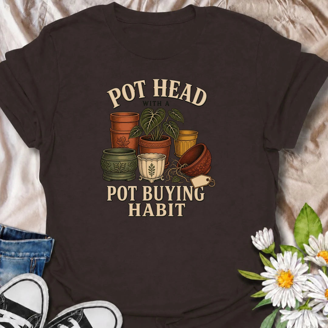 Funny plant lover T-shirt for gardeners and houseplant collectors with a serious pot-buying habit. Featuring a colorful collection of vintage-style planters, this playful design is made for anyone who enjoys buying decorative pots almost as much as filling them with plants