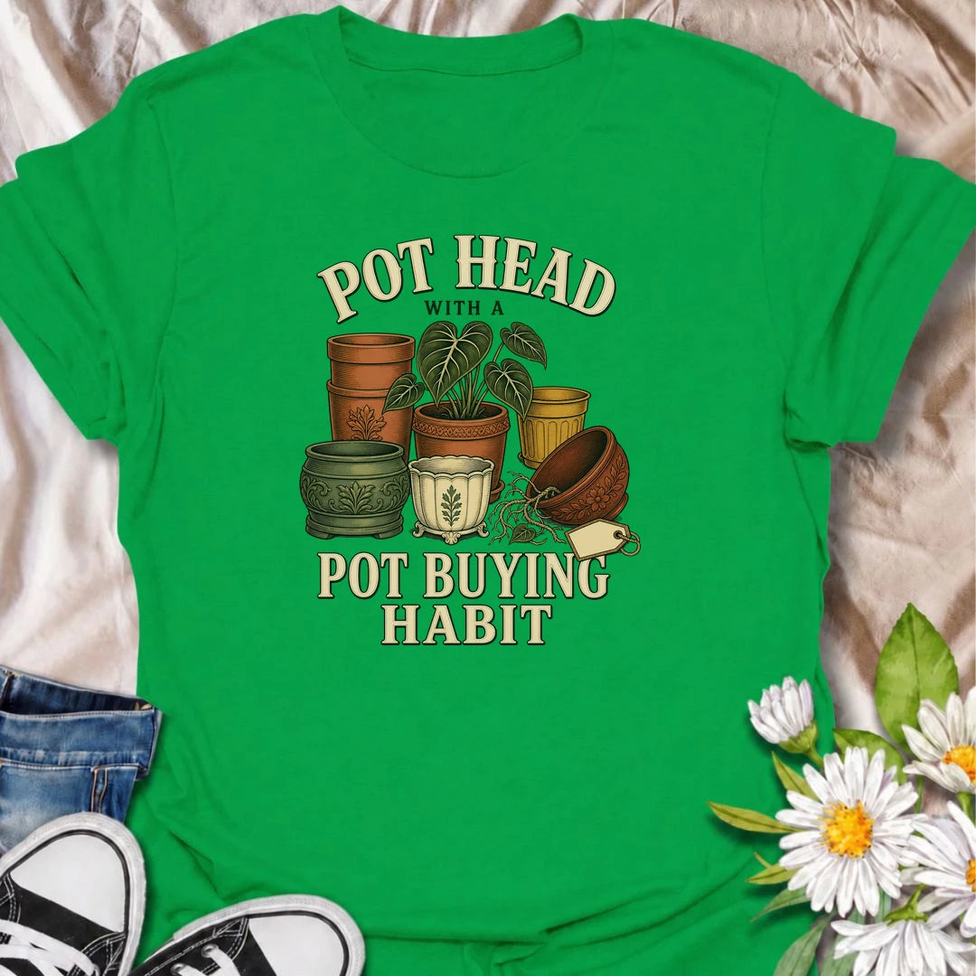 Funny plant lover T-shirt for gardeners and houseplant collectors with a serious pot-buying habit. Featuring a colorful collection of vintage-style planters, this playful design is made for anyone who enjoys buying decorative pots almost as much as filling them with plants