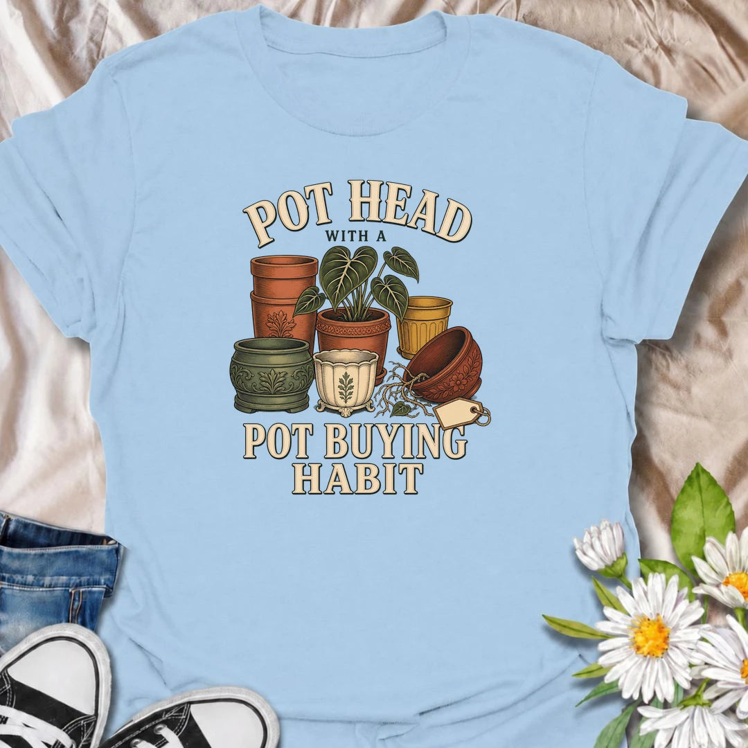 Funny plant lover T-shirt for gardeners and houseplant collectors with a serious pot-buying habit. Featuring a colorful collection of vintage-style planters, this playful design is made for anyone who enjoys buying decorative pots almost as much as filling them with plants