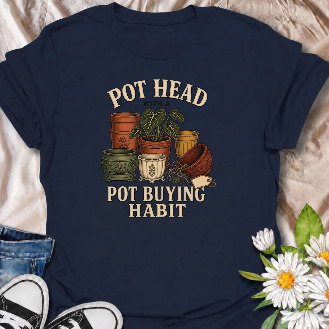 Funny plant lover T-shirt for gardeners and houseplant collectors with a serious pot-buying habit. Featuring a colorful collection of vintage-style planters, this playful design is made for anyone who enjoys buying decorative pots almost as much as filling them with plants