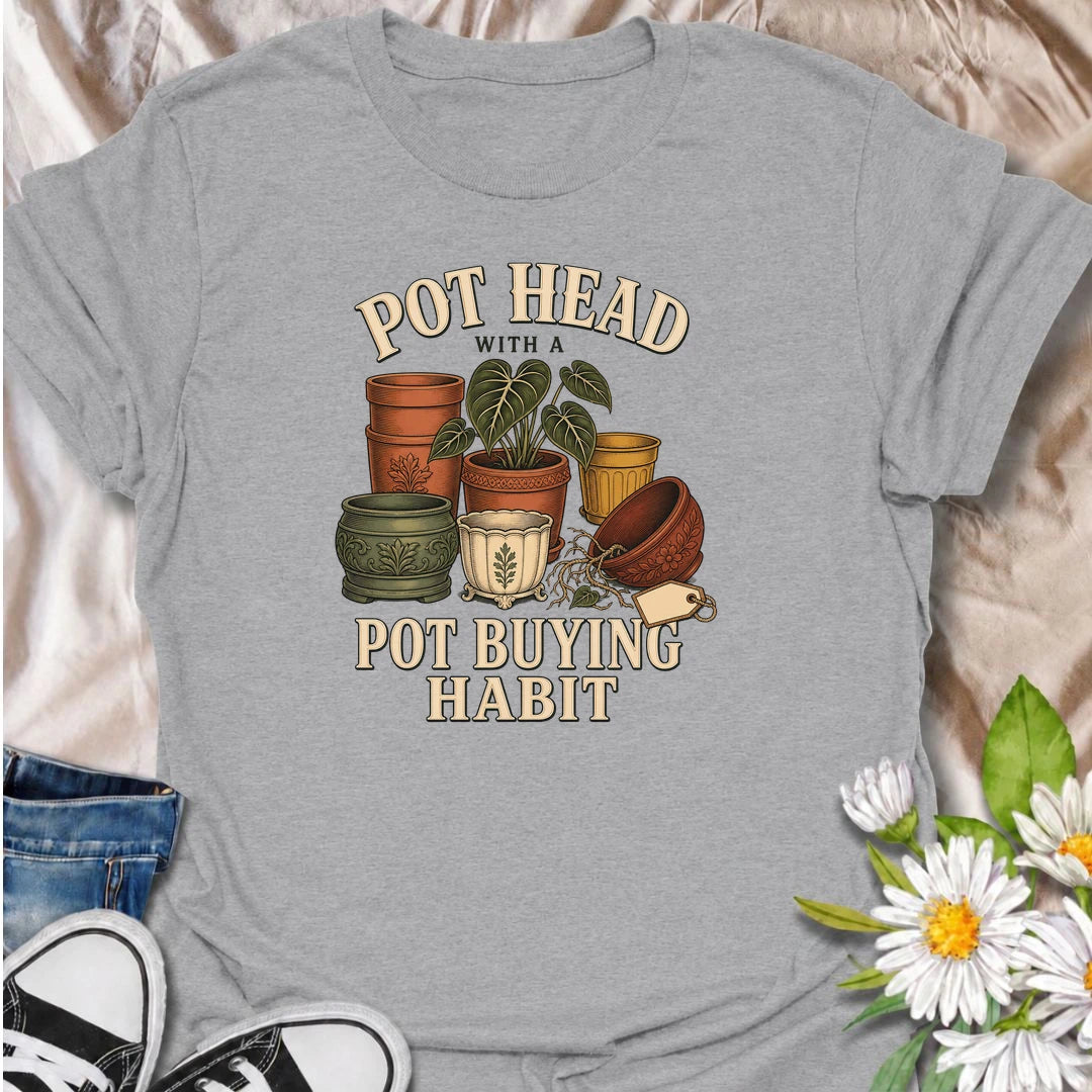 Funny plant lover T-shirt for gardeners and houseplant collectors with a serious pot-buying habit. Featuring a colorful collection of vintage-style planters, this playful design is made for anyone who enjoys buying decorative pots almost as much as filling them with plants