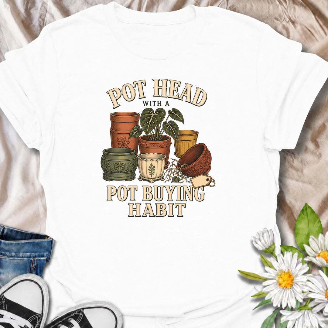 Funny plant lover T-shirt for gardeners and houseplant collectors with a serious pot-buying habit. Featuring a colorful collection of vintage-style planters, this playful design is made for anyone who enjoys buying decorative pots almost as much as filling them with plants