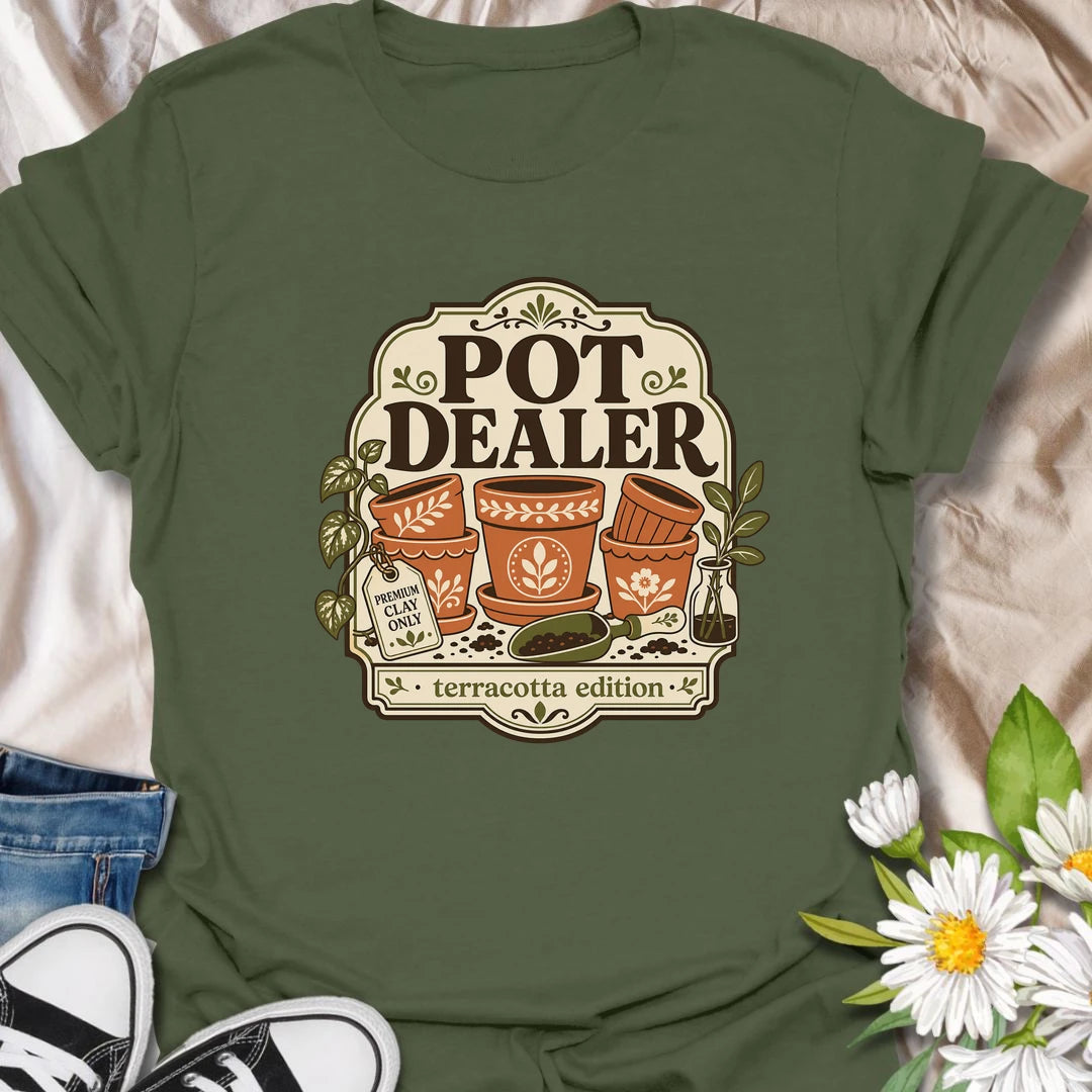 Funny gardening t-shirt with a playful “Pot Dealer” message and charming terracotta pot artwork.
This design is perfect for gardeners, plant lovers, and anyone obsessed with collecting beautiful pots.
A fun gift for plant moms, indoor gardeners, and terracotta lovers.