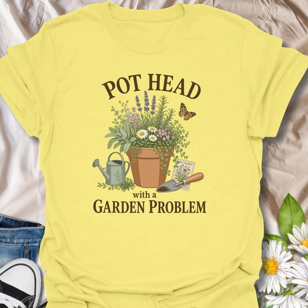 This Pot Head With A Garden Problem t-shirt is perfect for plant lovers and gardeners who can’t resist herbs, flowers, pots, and one more trip outside. Featuring a potted garden scene with lavender, wildflowers, a watering can, trowel, butterfly, and seed packet details, this funny botanical design is great for plant moms, plant dads, gardeners, herb growers, and anyone with a growing plant obsession.