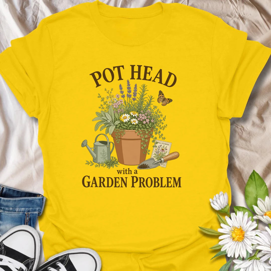 This Pot Head With A Garden Problem t-shirt is perfect for plant lovers and gardeners who can’t resist herbs, flowers, pots, and one more trip outside. Featuring a potted garden scene with lavender, wildflowers, a watering can, trowel, butterfly, and seed packet details, this funny botanical design is great for plant moms, plant dads, gardeners, herb growers, and anyone with a growing plant obsession.