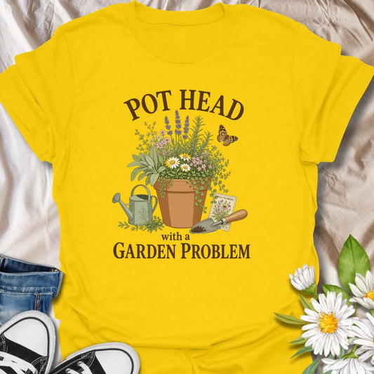 This Pot Head With A Garden Problem t-shirt is perfect for plant lovers and gardeners who can’t resist herbs, flowers, pots, and one more trip outside. Featuring a potted garden scene with lavender, wildflowers, a watering can, trowel, butterfly, and seed packet details, this funny botanical design is great for plant moms, plant dads, gardeners, herb growers, and anyone with a growing plant obsession.