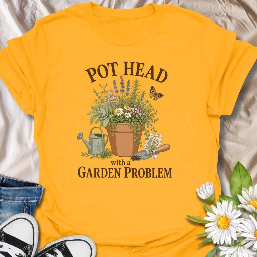 This Pot Head With A Garden Problem t-shirt is perfect for plant lovers and gardeners who can’t resist herbs, flowers, pots, and one more trip outside. Featuring a potted garden scene with lavender, wildflowers, a watering can, trowel, butterfly, and seed packet details, this funny botanical design is great for plant moms, plant dads, gardeners, herb growers, and anyone with a growing plant obsession.