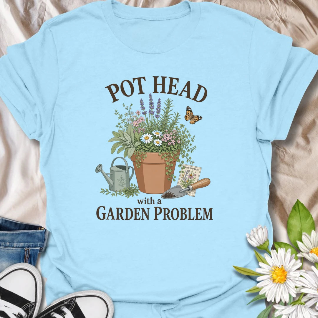 This Pot Head With A Garden Problem t-shirt is perfect for plant lovers and gardeners who can’t resist herbs, flowers, pots, and one more trip outside. Featuring a potted garden scene with lavender, wildflowers, a watering can, trowel, butterfly, and seed packet details, this funny botanical design is great for plant moms, plant dads, gardeners, herb growers, and anyone with a growing plant obsession.
