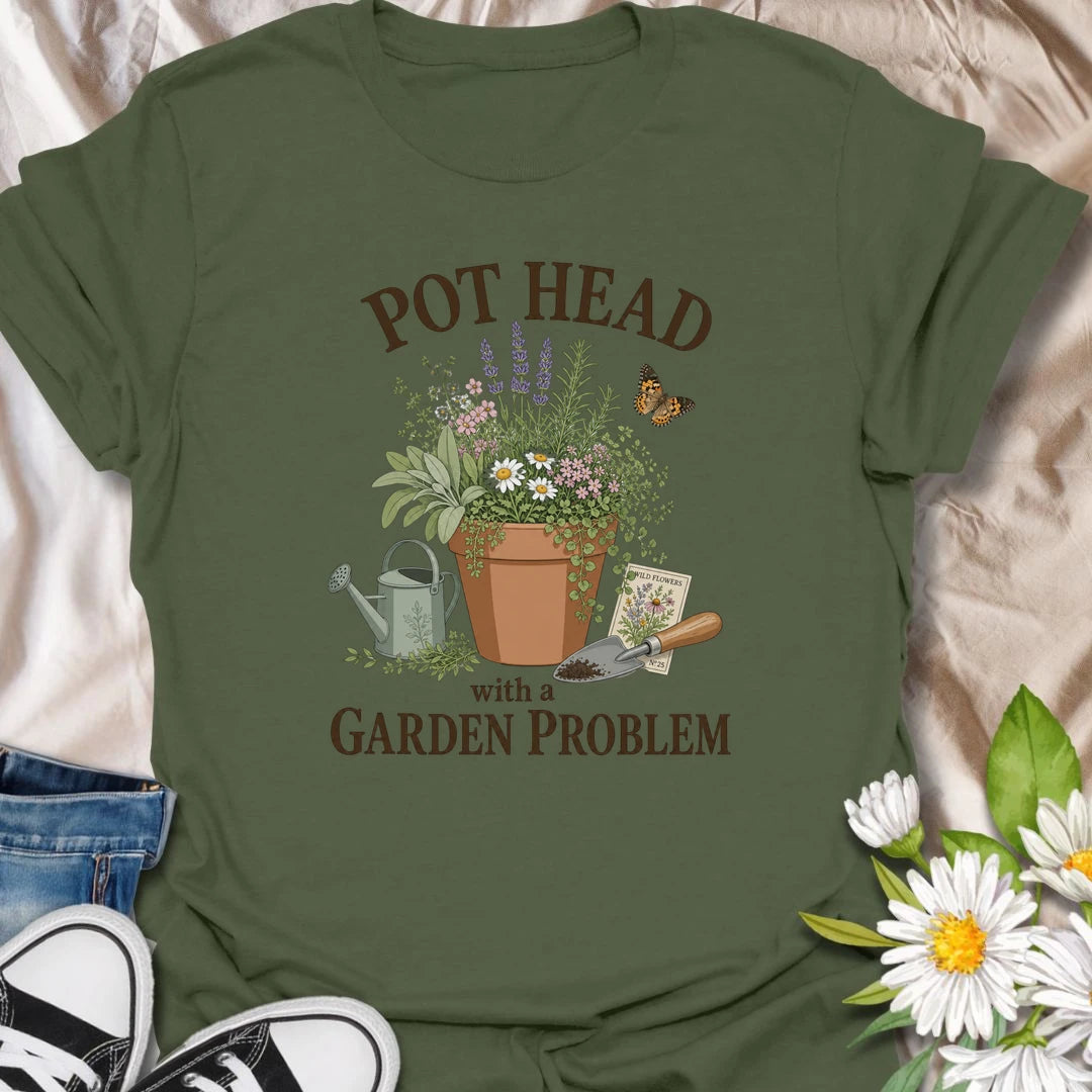 This Pot Head With A Garden Problem t-shirt is perfect for plant lovers and gardeners who can’t resist herbs, flowers, pots, and one more trip outside. Featuring a potted garden scene with lavender, wildflowers, a watering can, trowel, butterfly, and seed packet details, this funny botanical design is great for plant moms, plant dads, gardeners, herb growers, and anyone with a growing plant obsession.