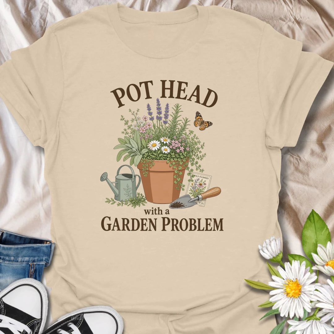 This Pot Head With A Garden Problem t-shirt is perfect for plant lovers and gardeners who can’t resist herbs, flowers, pots, and one more trip outside. Featuring a potted garden scene with lavender, wildflowers, a watering can, trowel, butterfly, and seed packet details, this funny botanical design is great for plant moms, plant dads, gardeners, herb growers, and anyone with a growing plant obsession.