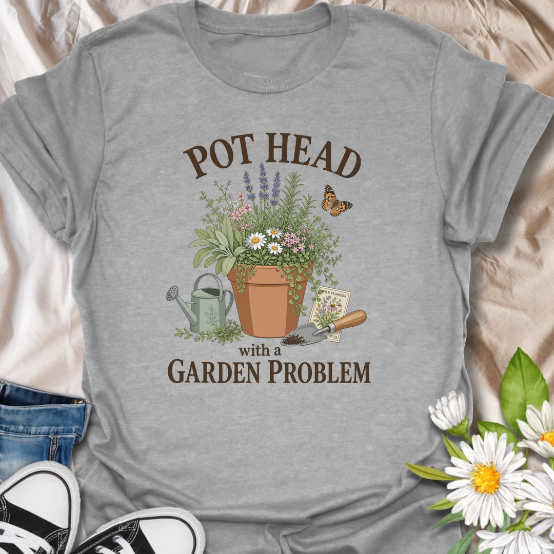 This Pot Head With A Garden Problem t-shirt is perfect for plant lovers and gardeners who can’t resist herbs, flowers, pots, and one more trip outside. Featuring a potted garden scene with lavender, wildflowers, a watering can, trowel, butterfly, and seed packet details, this funny botanical design is great for plant moms, plant dads, gardeners, herb growers, and anyone with a growing plant obsession.
