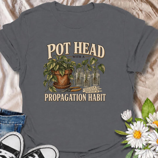 A funny propagation T-shirt for plant lovers whose counters are covered with cuttings and rooting jars. Perfect for pothos fans and houseplant collectors.