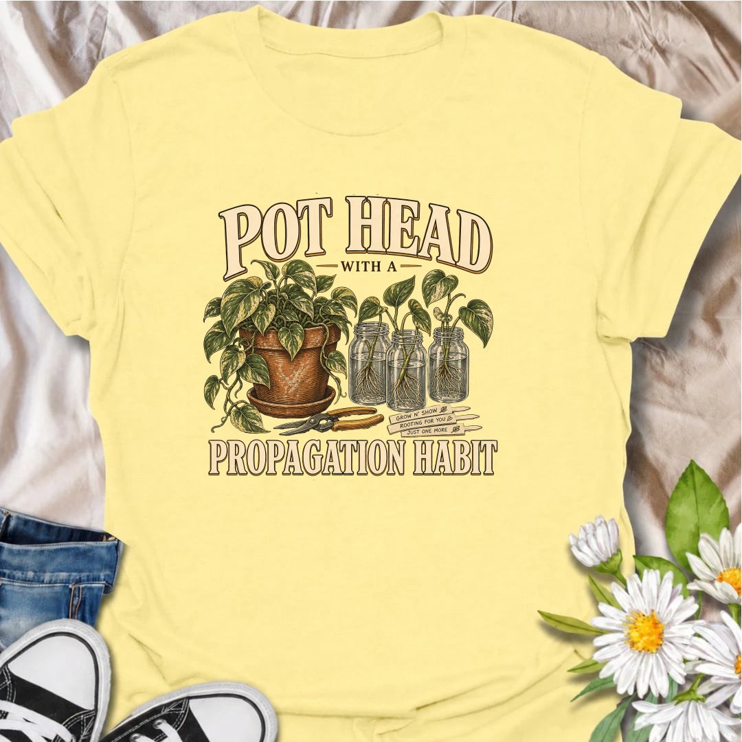 A funny propagation T-shirt for plant lovers whose counters are covered with cuttings and rooting jars. Perfect for pothos fans and houseplant collectors.