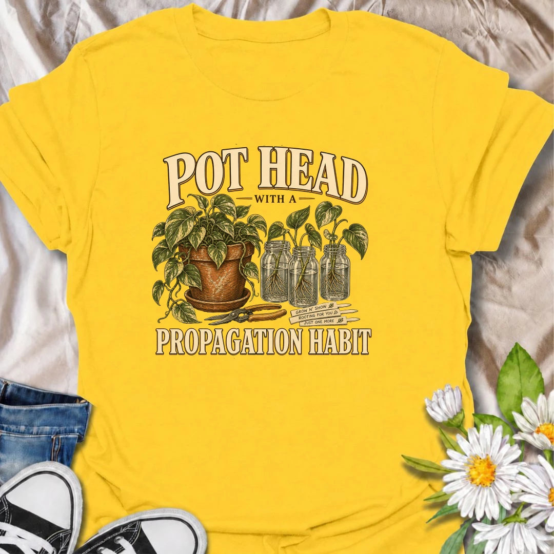 A funny propagation T-shirt for plant lovers whose counters are covered with cuttings and rooting jars. Perfect for pothos fans and houseplant collectors.