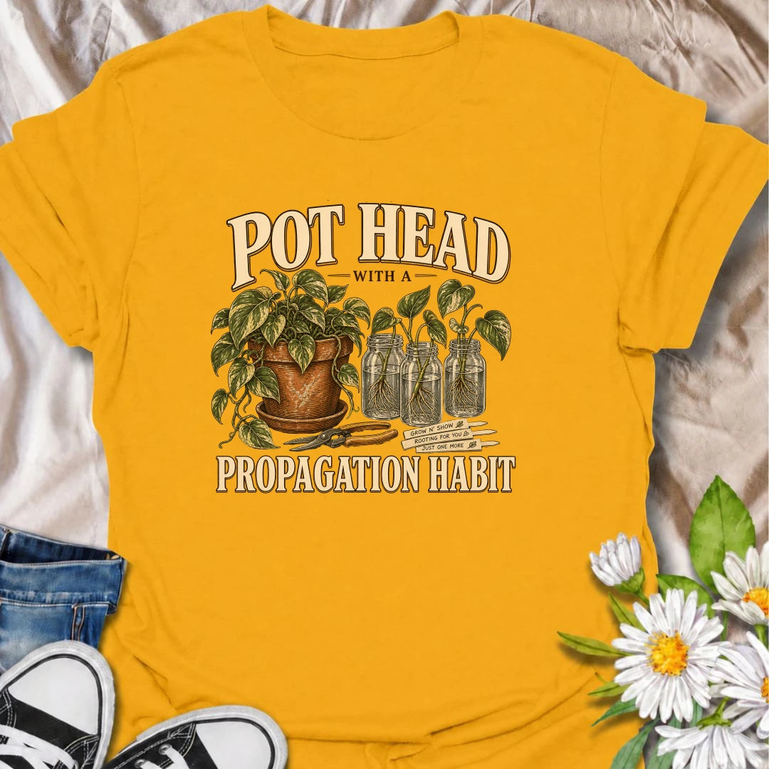 A funny propagation T-shirt for plant lovers whose counters are covered with cuttings and rooting jars. Perfect for pothos fans and houseplant collectors.