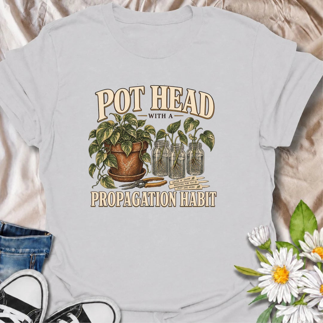A funny propagation T-shirt for plant lovers whose counters are covered with cuttings and rooting jars. Perfect for pothos fans and houseplant collectors.