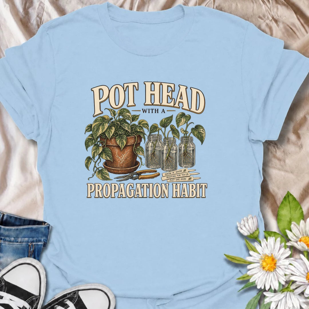 A funny propagation T-shirt for plant lovers whose counters are covered with cuttings and rooting jars. Perfect for pothos fans and houseplant collectors.