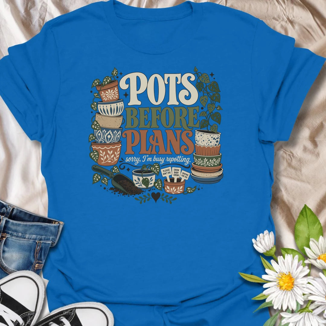 Put repotting first with this playful “Pots Before Plans” T-shirt. Featuring decorative planters, trailing houseplants, potting soil, and tiny plant signs, the design is made for dedicated plant parents. A fun botanical gift for anyone who would happily cancel plans for a repotting session.