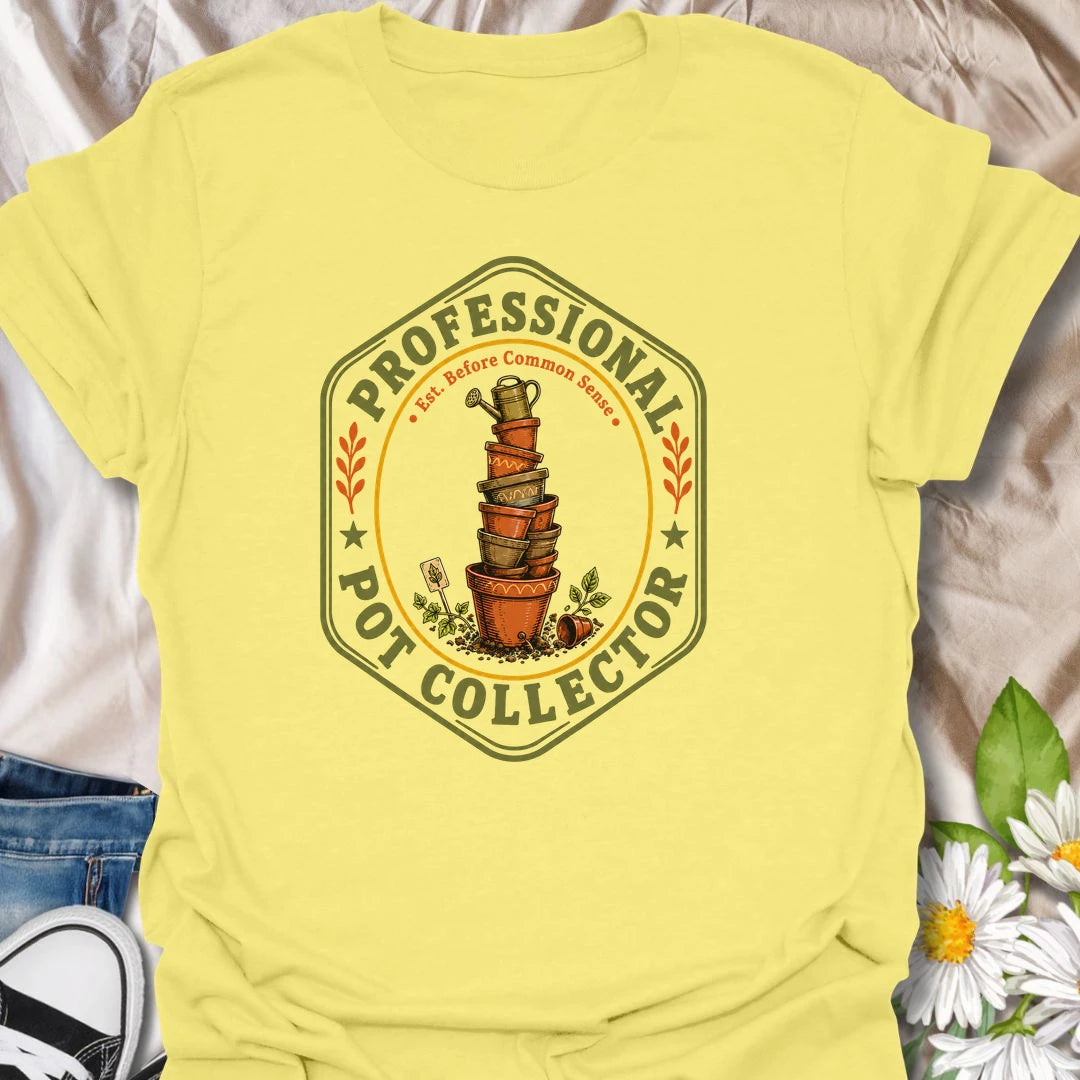 This Professional Pot Collector t-shirt is made for gardeners and plant lovers who somehow always have another terracotta pot waiting for a new plant. Featuring a vintage badge-style design with a stacked tower of garden pots, soil, small tools, leafy accents, and the phrase Est. Before Common Sense, this tee has a funny plant-collector feel with classic gardening charm. Perfect for plant moms, plant dads, houseplant collectors, indoor gardeners, backyard growers, and anyone who knows empty pots are just fu