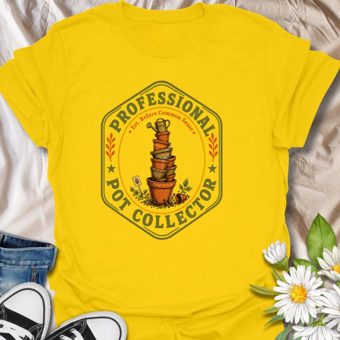 This Professional Pot Collector t-shirt is made for gardeners and plant lovers who somehow always have another terracotta pot waiting for a new plant. Featuring a vintage badge-style design with a stacked tower of garden pots, soil, small tools, leafy accents, and the phrase Est. Before Common Sense, this tee has a funny plant-collector feel with classic gardening charm. Perfect for plant moms, plant dads, houseplant collectors, indoor gardeners, backyard growers, and anyone who knows empty pots are just fu