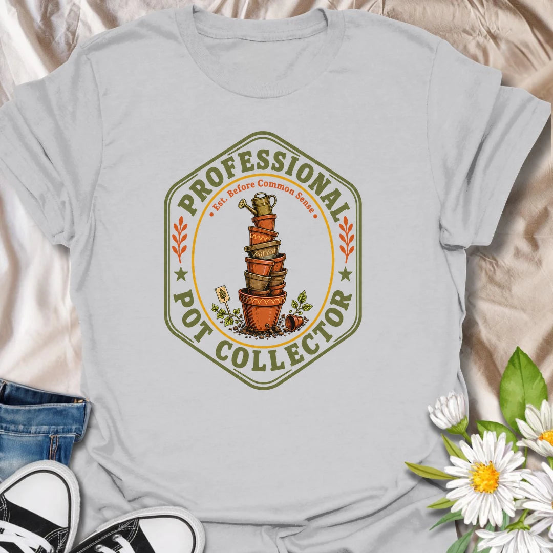 This Professional Pot Collector t-shirt is made for gardeners and plant lovers who somehow always have another terracotta pot waiting for a new plant. Featuring a vintage badge-style design with a stacked tower of garden pots, soil, small tools, leafy accents, and the phrase Est. Before Common Sense, this tee has a funny plant-collector feel with classic gardening charm. Perfect for plant moms, plant dads, houseplant collectors, indoor gardeners, backyard growers, and anyone who knows empty pots are just fu