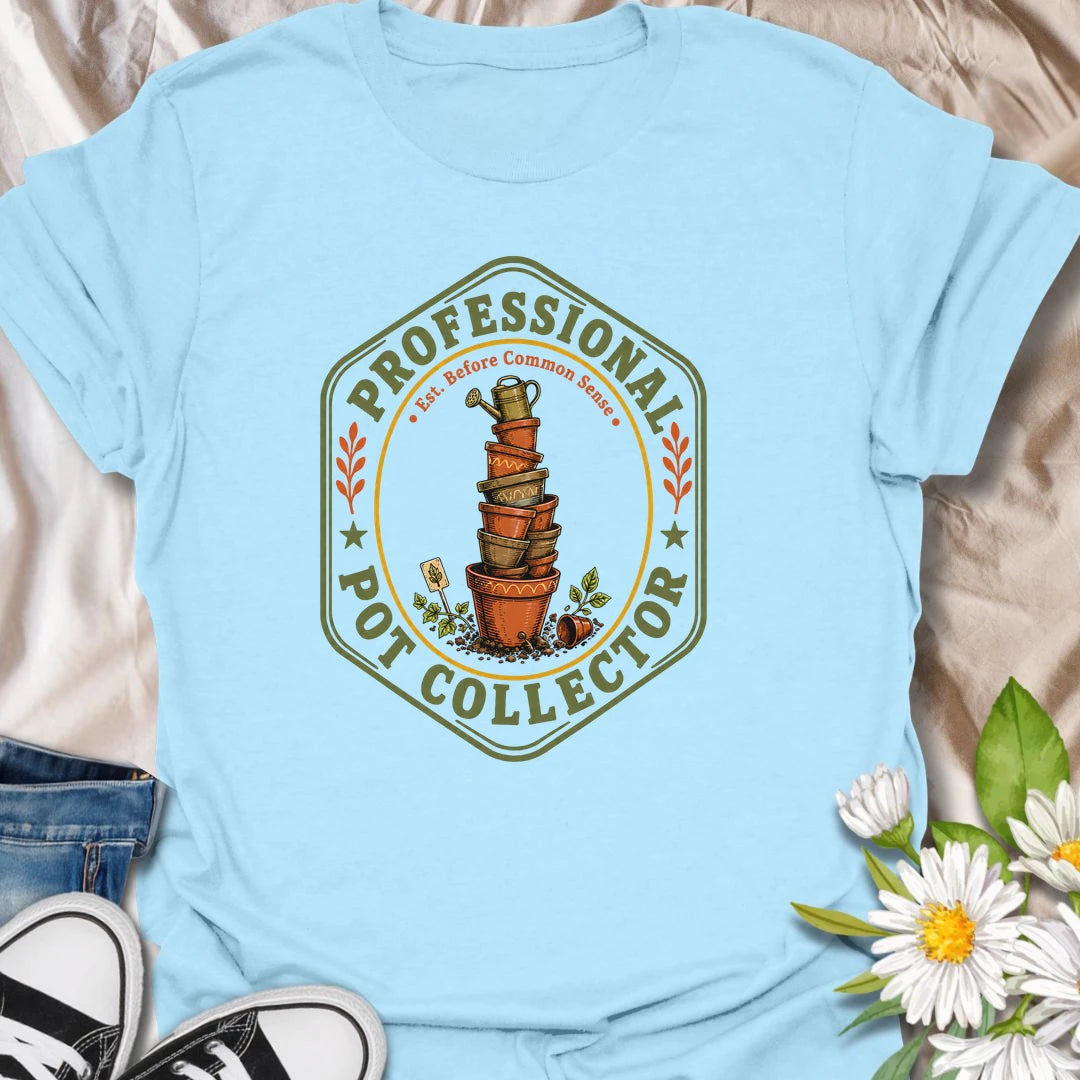 This Professional Pot Collector t-shirt is made for gardeners and plant lovers who somehow always have another terracotta pot waiting for a new plant. Featuring a vintage badge-style design with a stacked tower of garden pots, soil, small tools, leafy accents, and the phrase Est. Before Common Sense, this tee has a funny plant-collector feel with classic gardening charm. Perfect for plant moms, plant dads, houseplant collectors, indoor gardeners, backyard growers, and anyone who knows empty pots are just fu