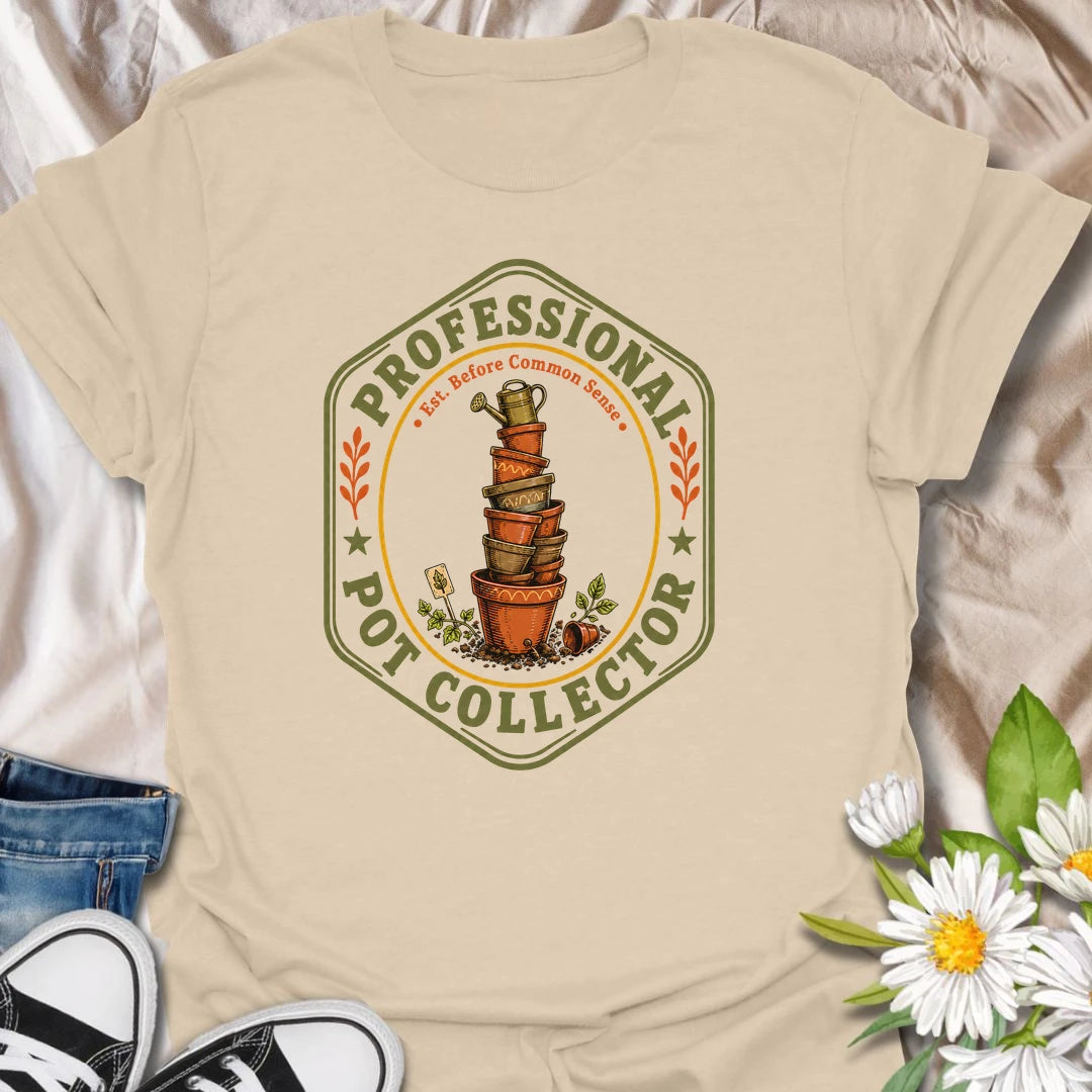 This Professional Pot Collector t-shirt is made for gardeners and plant lovers who somehow always have another terracotta pot waiting for a new plant. Featuring a vintage badge-style design with a stacked tower of garden pots, soil, small tools, leafy accents, and the phrase Est. Before Common Sense, this tee has a funny plant-collector feel with classic gardening charm. Perfect for plant moms, plant dads, houseplant collectors, indoor gardeners, backyard growers, and anyone who knows empty pots are just fu
