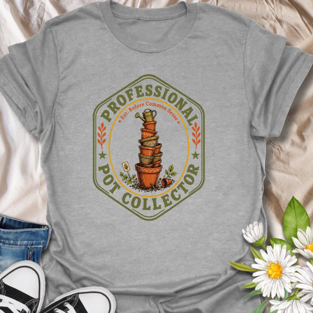 This Professional Pot Collector t-shirt is made for gardeners and plant lovers who somehow always have another terracotta pot waiting for a new plant. Featuring a vintage badge-style design with a stacked tower of garden pots, soil, small tools, leafy accents, and the phrase Est. Before Common Sense, this tee has a funny plant-collector feel with classic gardening charm. Perfect for plant moms, plant dads, houseplant collectors, indoor gardeners, backyard growers, and anyone who knows empty pots are just fu
