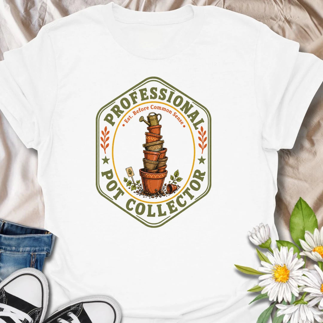 This Professional Pot Collector t-shirt is made for gardeners and plant lovers who somehow always have another terracotta pot waiting for a new plant. Featuring a vintage badge-style design with a stacked tower of garden pots, soil, small tools, leafy accents, and the phrase Est. Before Common Sense, this tee has a funny plant-collector feel with classic gardening charm. Perfect for plant moms, plant dads, houseplant collectors, indoor gardeners, backyard growers, and anyone who knows empty pots are just fu