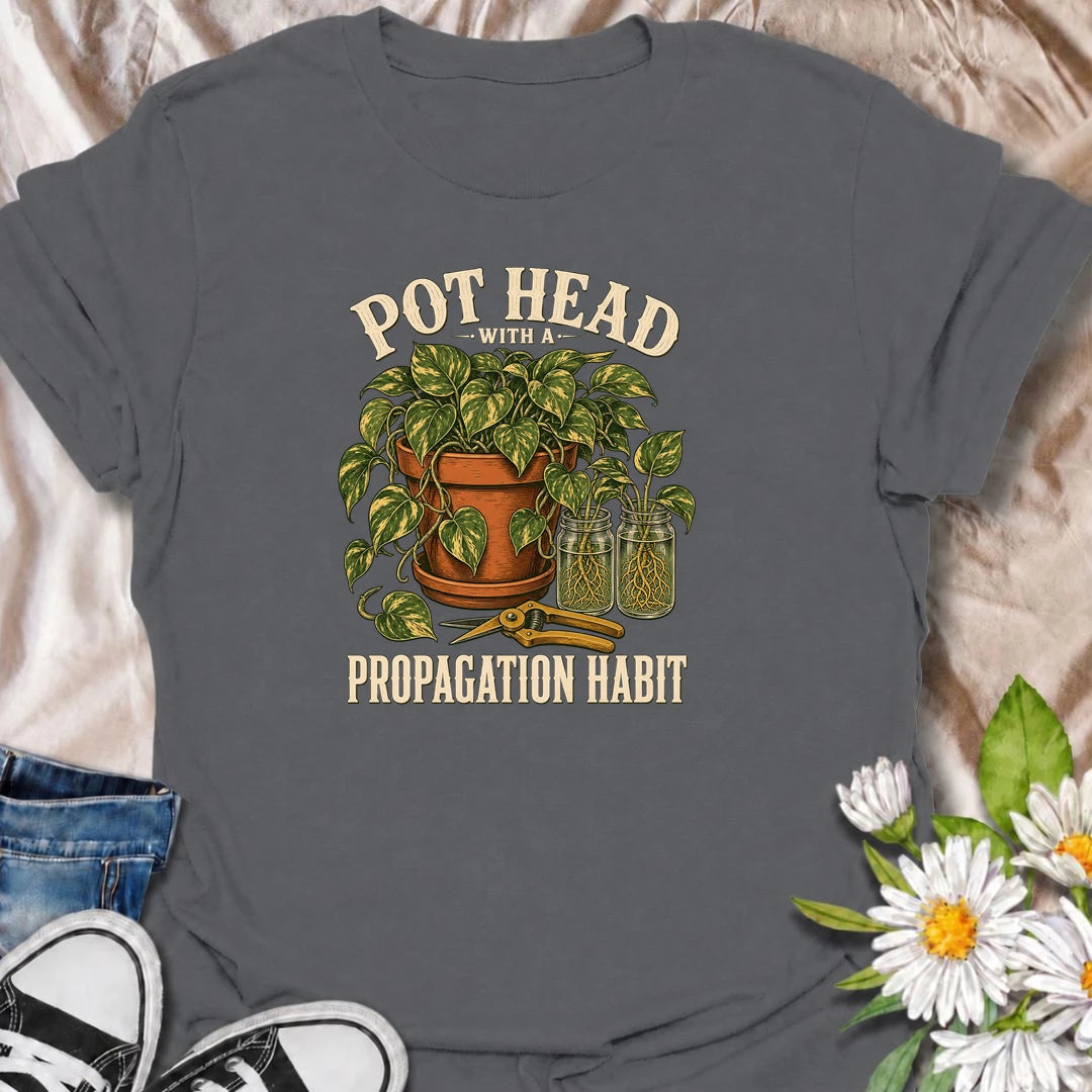 Funny propagation T-shirt for houseplant collectors who cannot stop making cuttings, rooting stems and creating new plants. Featuring lush pothos, glass propagation jars and pruning shears, this vintage botanical design is perfect for indoor gardeners and devoted plant propagators.