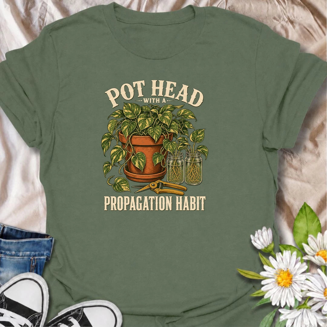 Funny propagation T-shirt for houseplant collectors who cannot stop making cuttings, rooting stems and creating new plants. Featuring lush pothos, glass propagation jars and pruning shears, this vintage botanical design is perfect for indoor gardeners and devoted plant propagators.