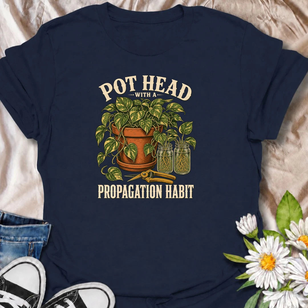 Funny propagation T-shirt for houseplant collectors who cannot stop making cuttings, rooting stems and creating new plants. Featuring lush pothos, glass propagation jars and pruning shears, this vintage botanical design is perfect for indoor gardeners and devoted plant propagators.