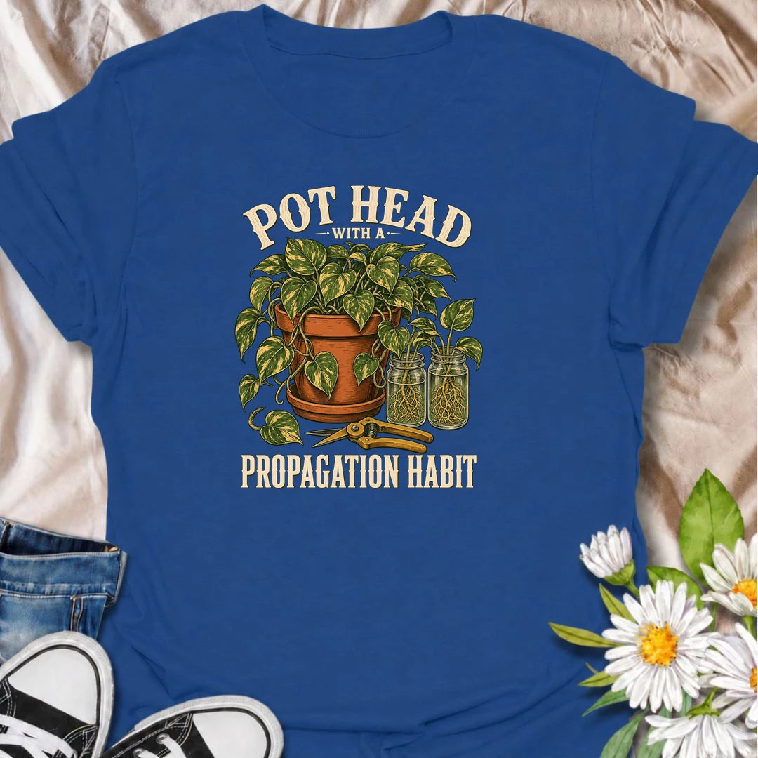 Funny propagation T-shirt for houseplant collectors who cannot stop making cuttings, rooting stems and creating new plants. Featuring lush pothos, glass propagation jars and pruning shears, this vintage botanical design is perfect for indoor gardeners and devoted plant propagators.