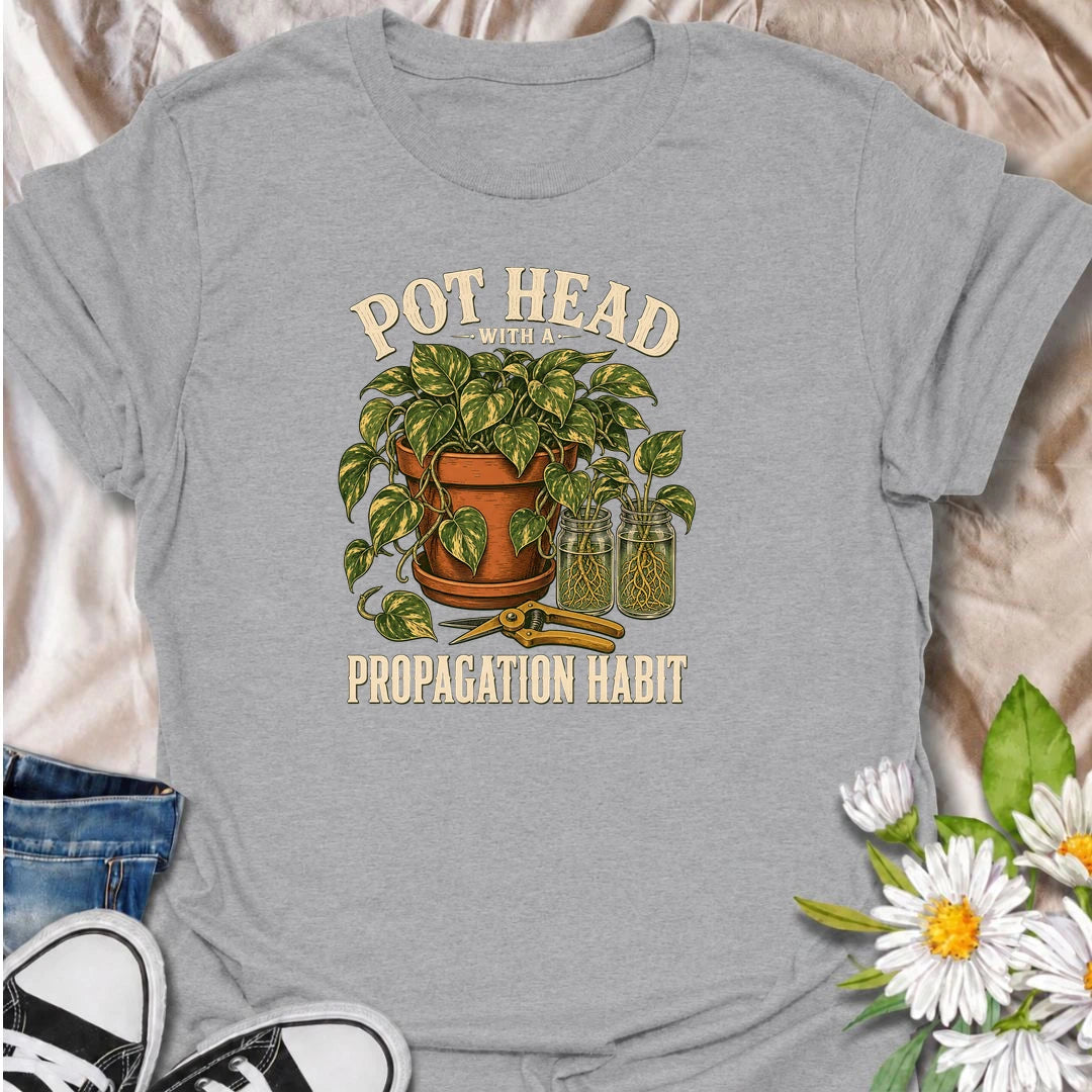 Funny propagation T-shirt for houseplant collectors who cannot stop making cuttings, rooting stems and creating new plants. Featuring lush pothos, glass propagation jars and pruning shears, this vintage botanical design is perfect for indoor gardeners and devoted plant propagators.