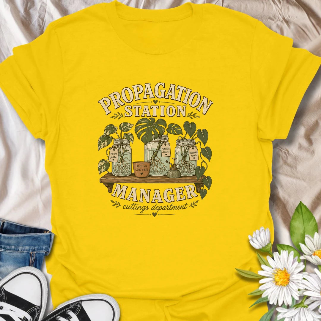 Funny plant propagation t-shirt for anyone fully in charge of the cuttings department.
Features jars of propagating pothos, monstera, and philodendron in a stylish vintage botanical layout.
Perfect for plant parents, propagation lovers, houseplant collectors, and indoor gardeners.