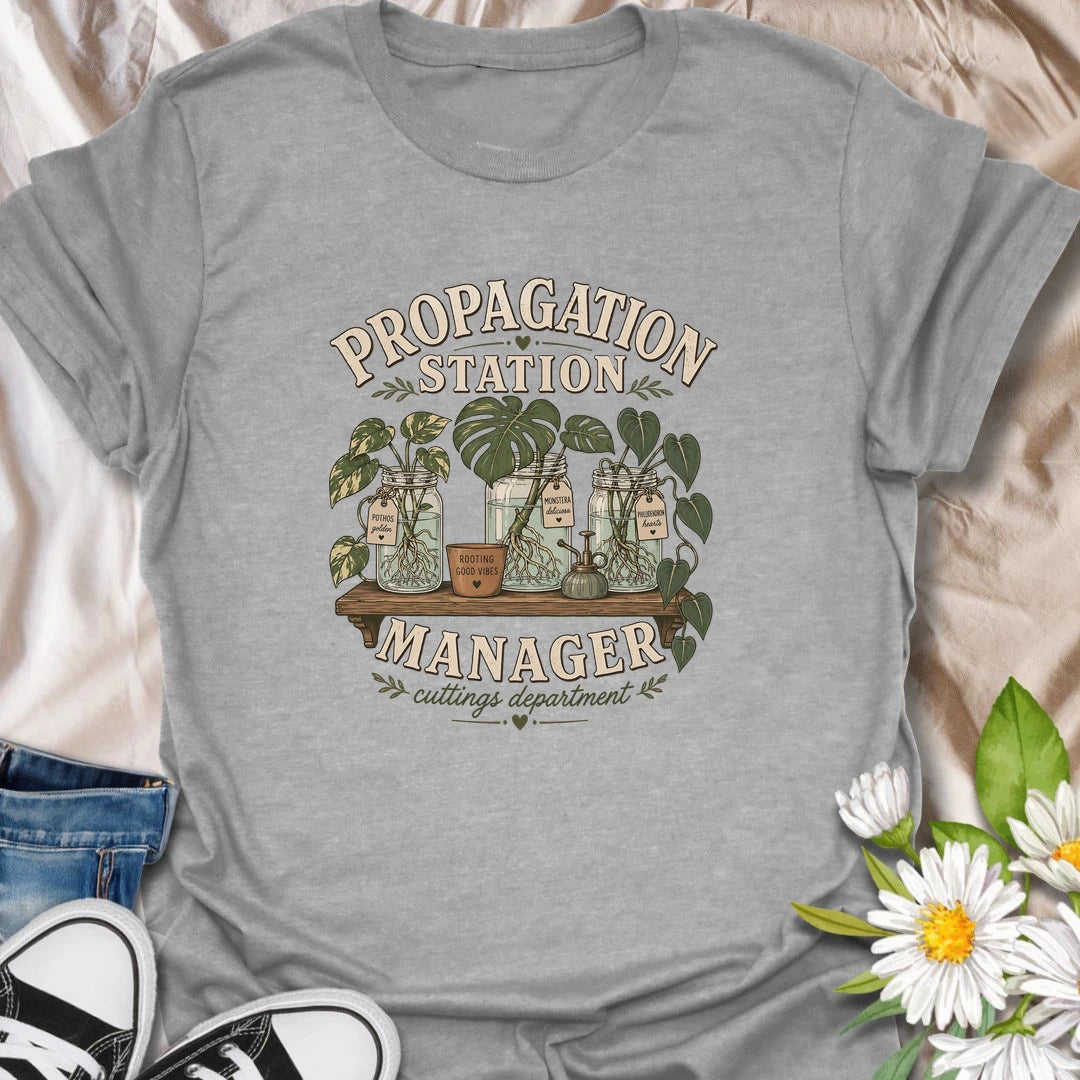 Funny plant propagation t-shirt for anyone fully in charge of the cuttings department.
Features jars of propagating pothos, monstera, and philodendron in a stylish vintage botanical layout.
Perfect for plant parents, propagation lovers, houseplant collectors, and indoor gardeners.