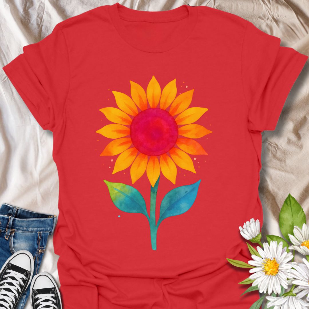 Radiate joy with this bold and colorful sunflower design, featuring vibrant watercolor textures in warm yellows, reds, and cool teal greens. This eye-catching tee is perfect for sunflower lovers, garden enthusiasts, and anyone who embraces cheerful, uplifting nature-inspired fashion. A perfect gift for plant moms, flower fanatics, or fans of bright, boho style.
