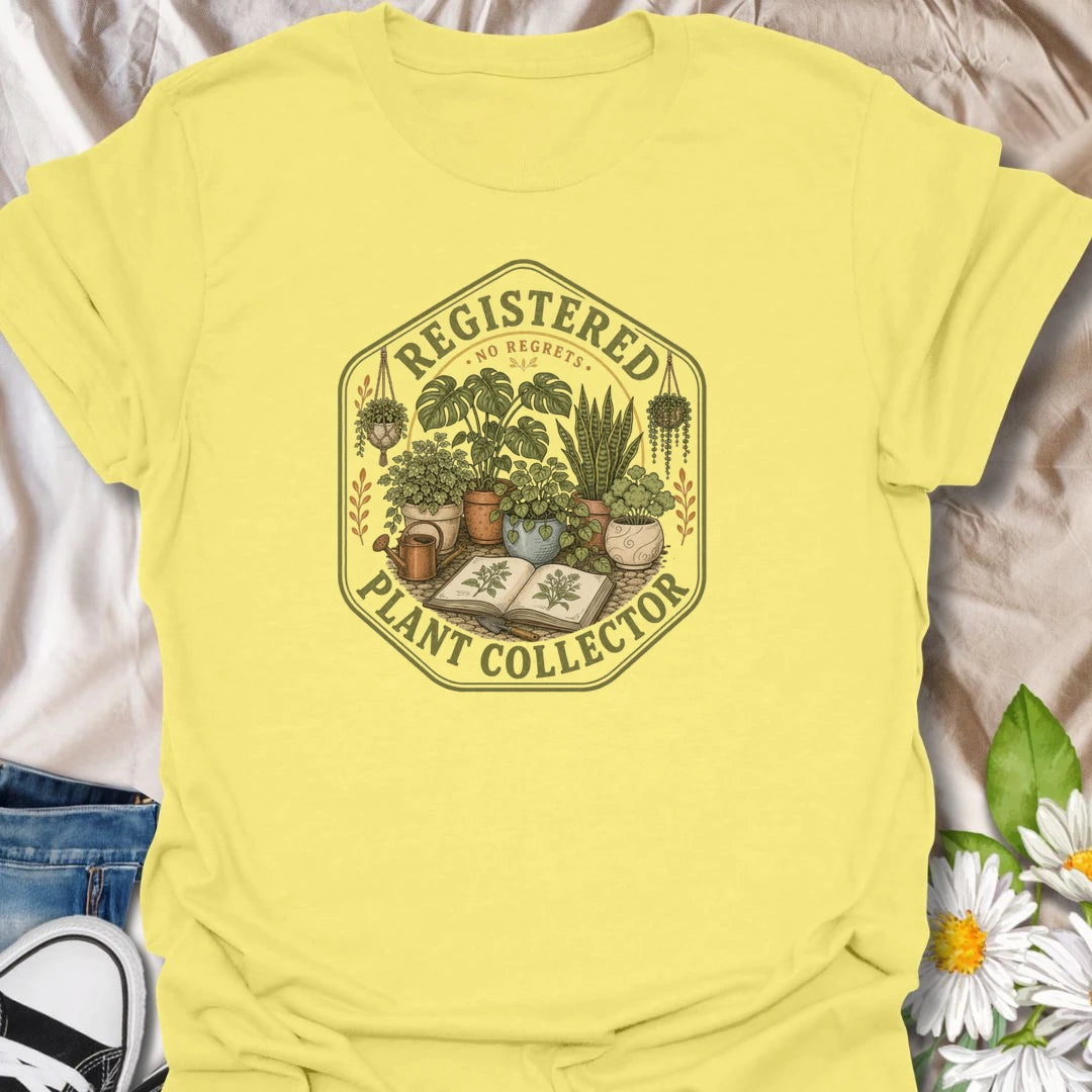 Plant collector t-shirt with a vintage botanical badge design, perfect for houseplant lovers, plant parents, and anyone with a growing indoor jungle.